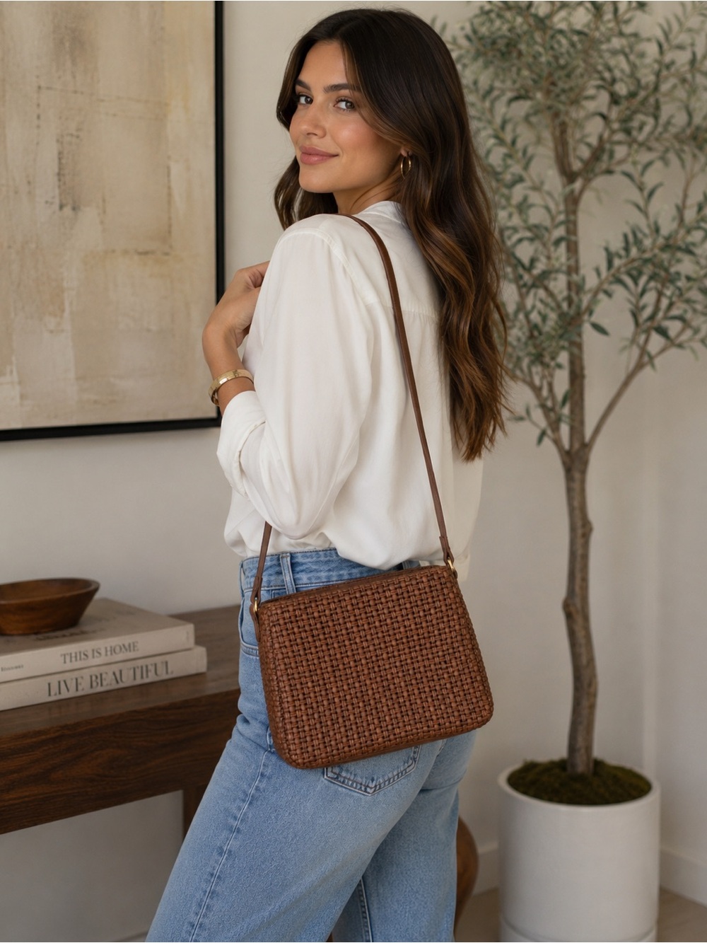 Brown Woven Faux Leather Crossbody Bag Adjustable Strap Boho Chic Handbag